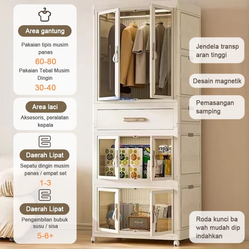 Lemari Pakaian Plastik Lipat Besar Kapasitas | Lemari Baju dengan Pintu Kaca + Laci + Roda Portable 
