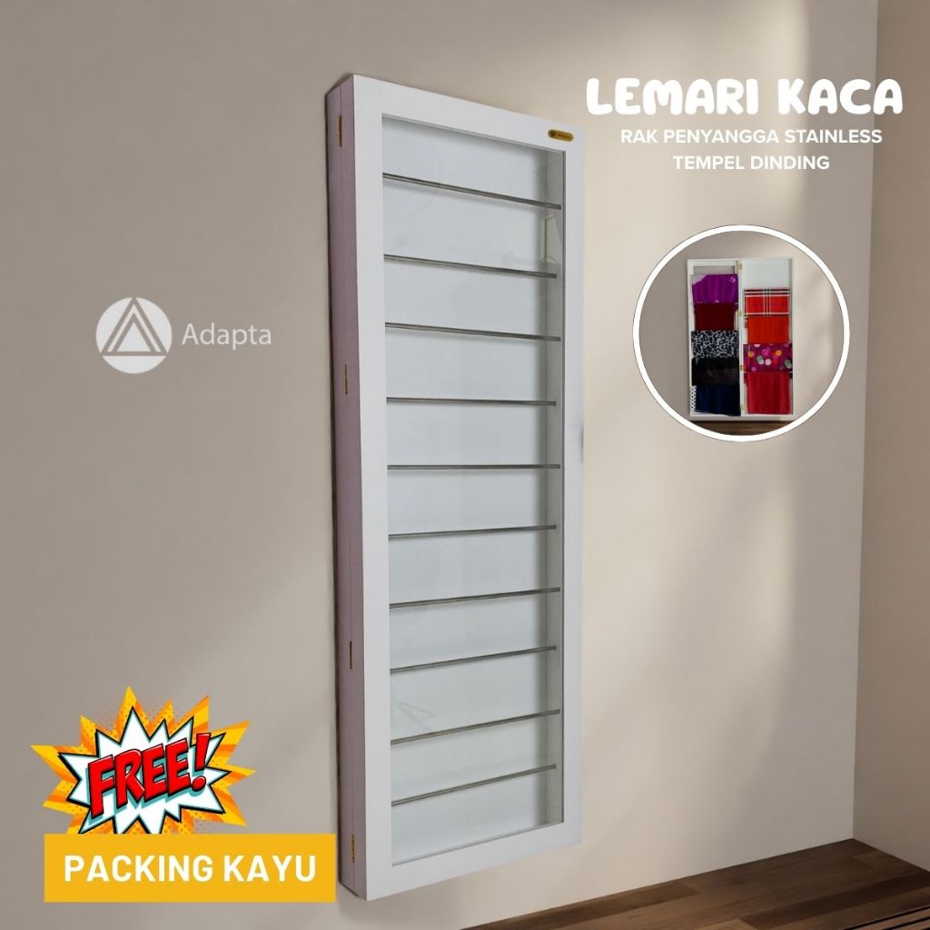 Adapta - Lemari Kaca Gantung Dinding Minimalis - Rak Hijab dengan 10 Gantungan Stainlees -EIRA