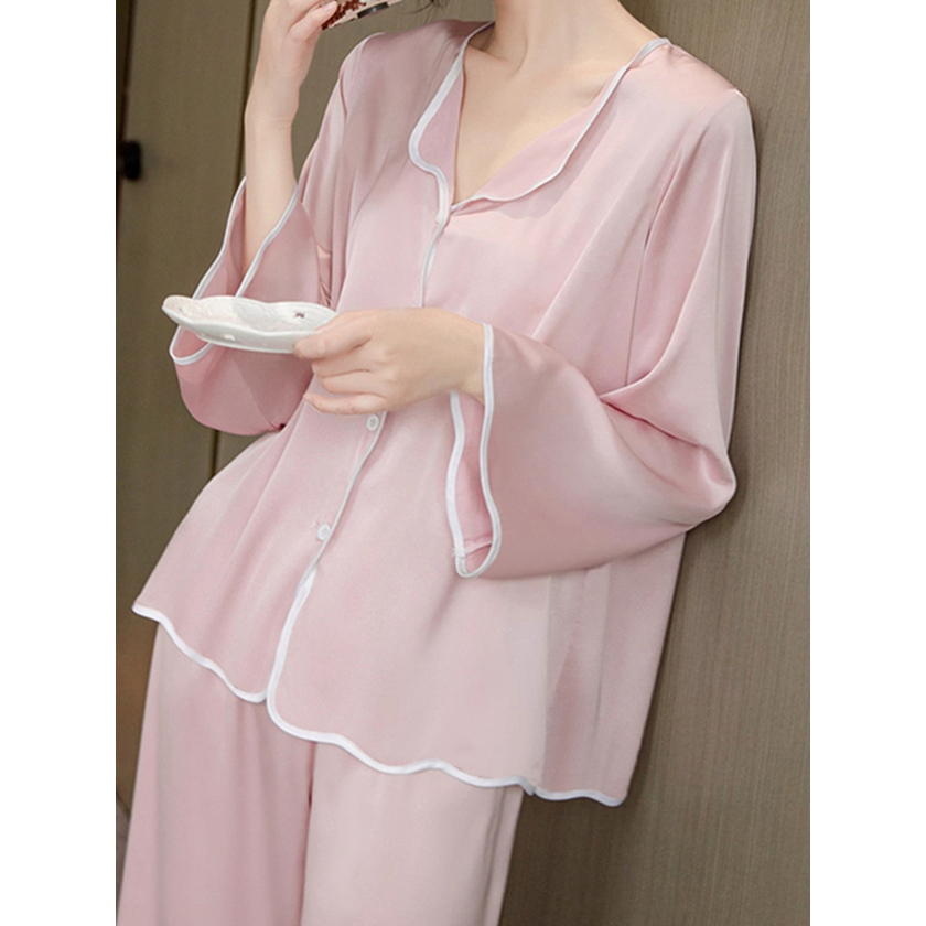 Piyama Wanita Ice Silk Polos Elegan Tepi Gelombang piyama wanita lengan panjang korea Nyaman Dipakai