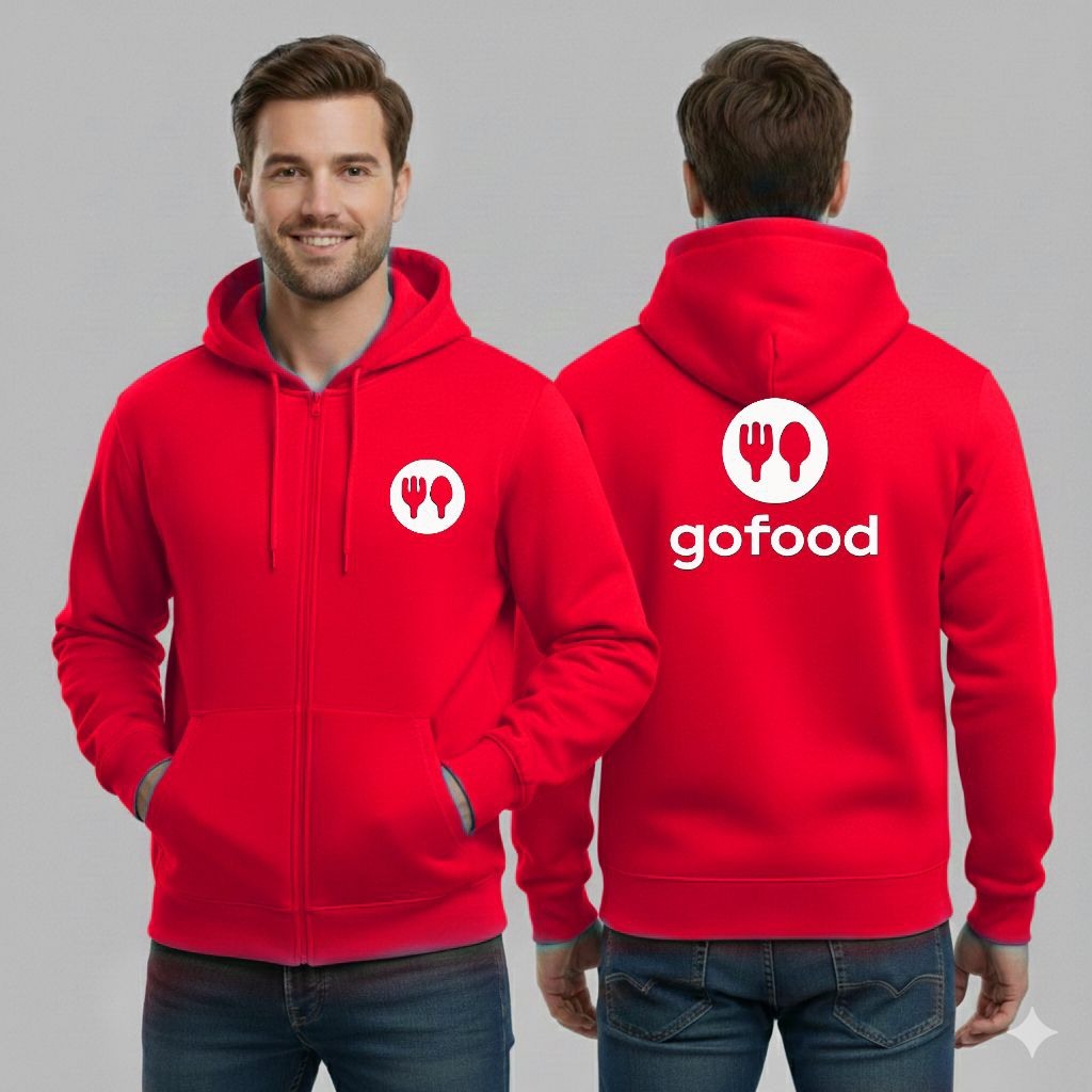Jaket Hoodie Zipper Sablon Go* Food Terlaris Unisex