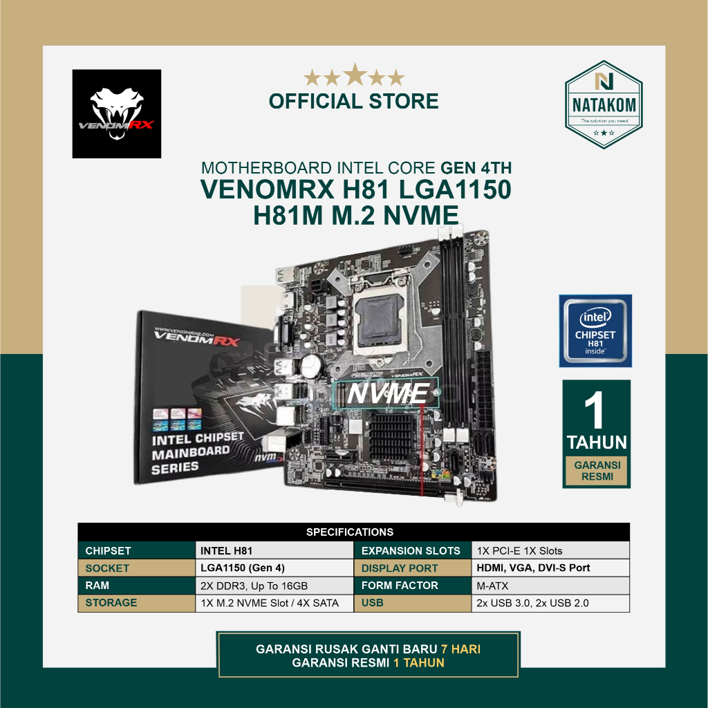 MOTHERBOARD VENOMRX H81M WITH M.2 NVME SUPPORT INTEL GEN 4TH H81 LGA1150
