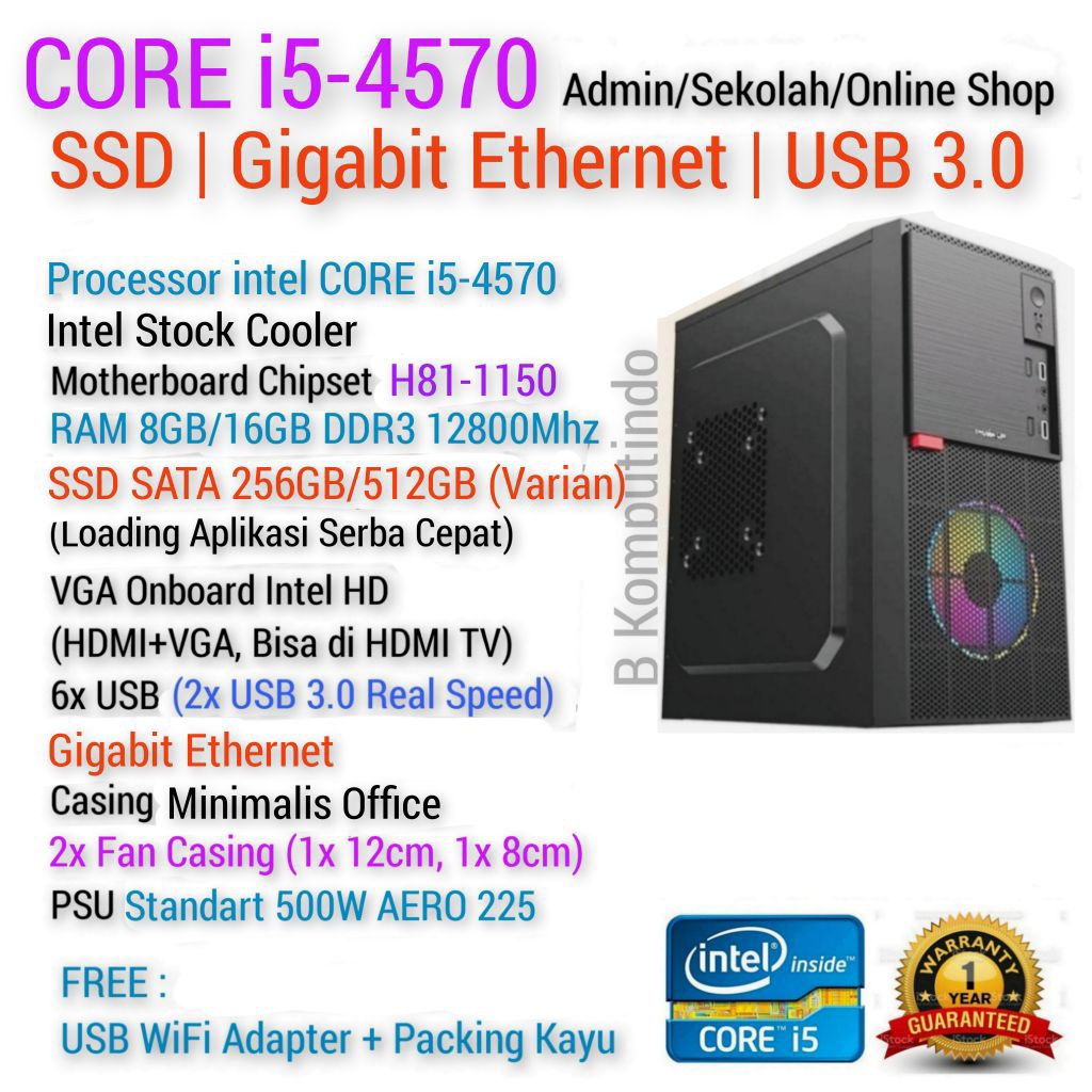 CPU Komputer PC CORE i5 | SSD | FREE Wifi | Kantor - Sekolah - PC Admin