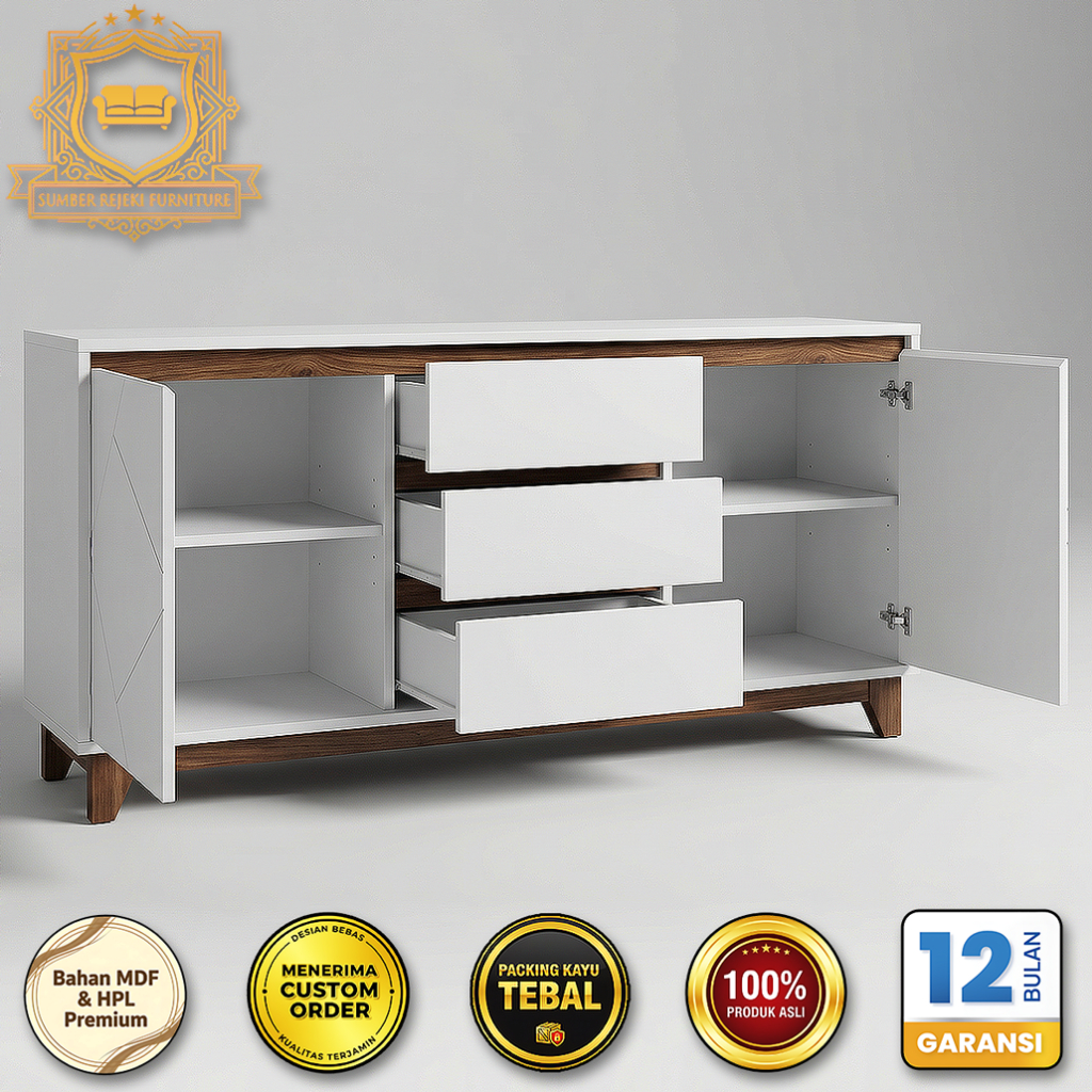 Bufet Minimalis Modern Putih Walnut Sideboard Lemari Meja TV Credenza Ruang Tamu Dapur Multifungsi