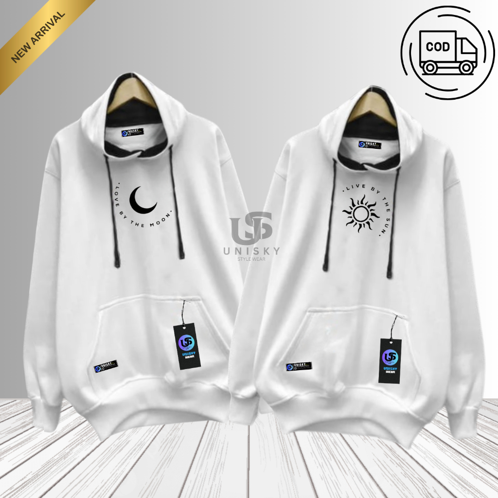 ( 2 PCS ) Hoodie Couple Distro Sepasang Pria Wanita Warna Putih/White List Print Love By The Moon & 