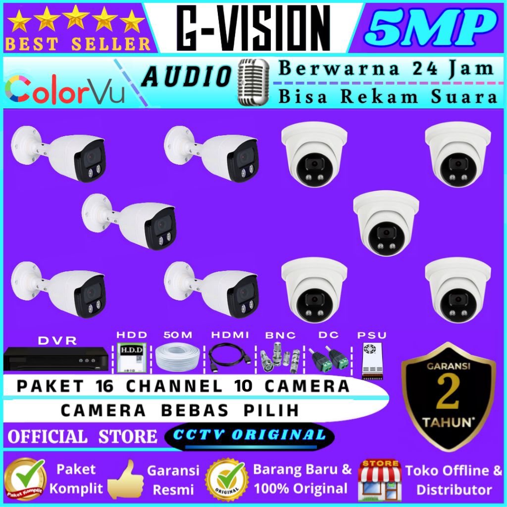 PAKET  CCTV  5MP  COLORVU  AUDIO  16  CHANNEL  10  CAMERA  LENGKAP