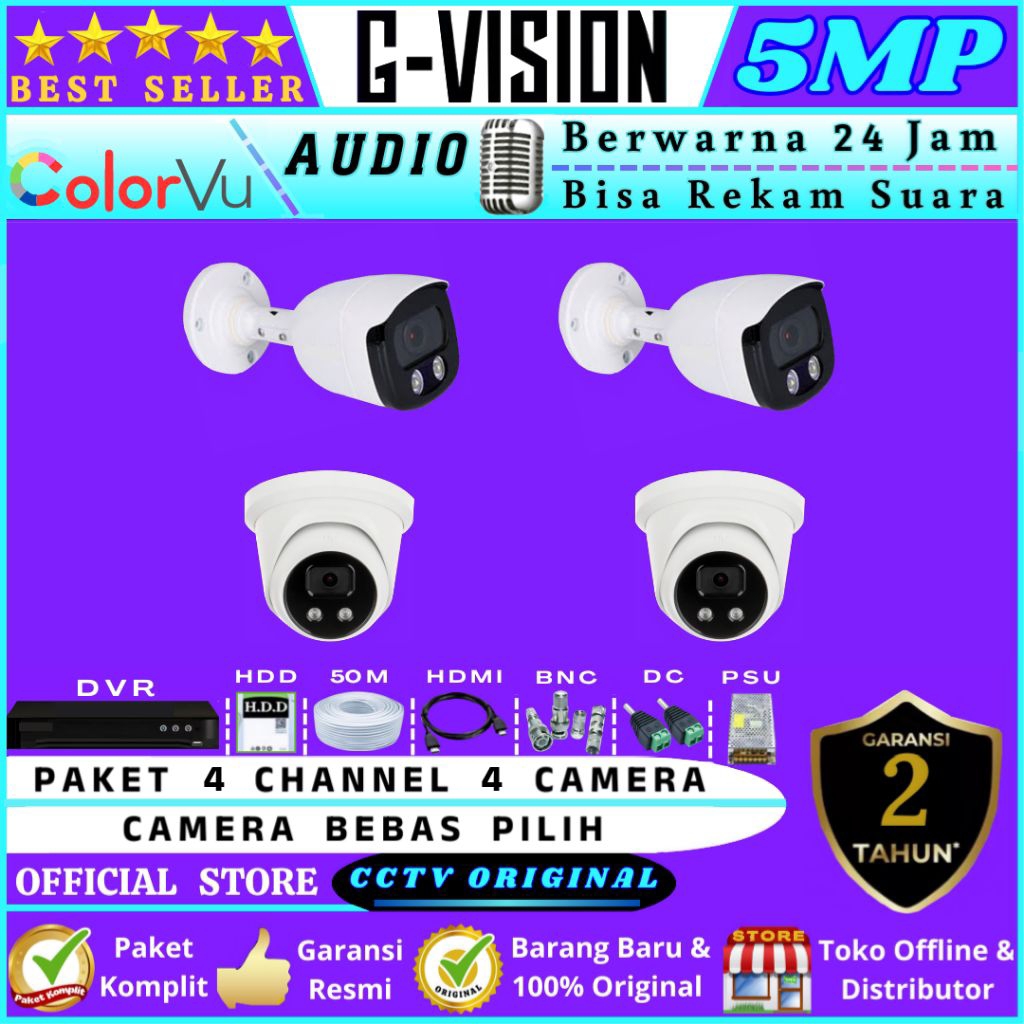 PAKET  CCTV  5MP  COLORVU  AUDIO  4  CHANNEL  4  CAMERA  LENGKAP