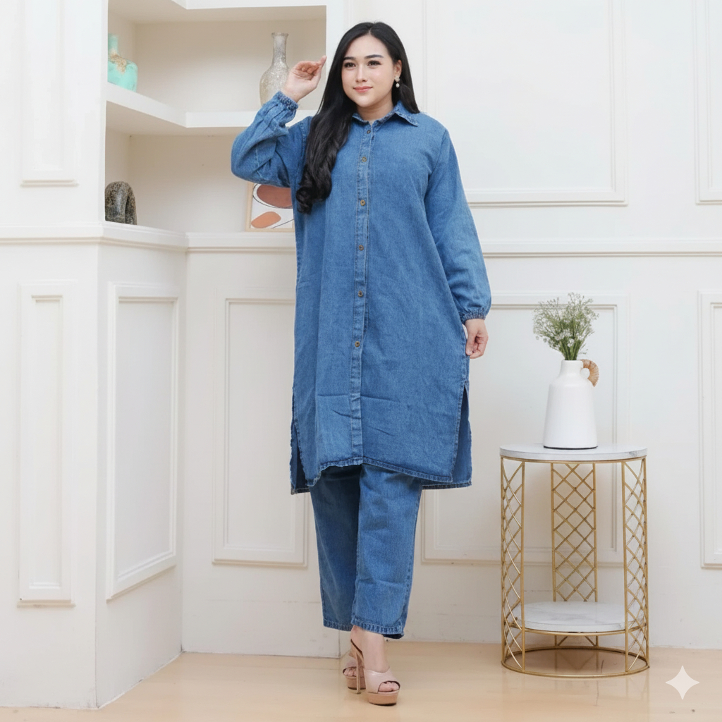 Jammie Setcel Jeans Baju Setelan Wanita Jumbo Ld 110,120,130/One Set Celana Dan Atasan Tunik Busui