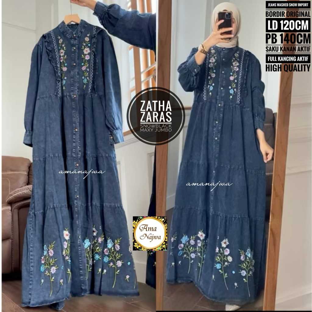 Almahyra Zatha Zaras Gamis Jeans Washed by Goodstore Bordir Import