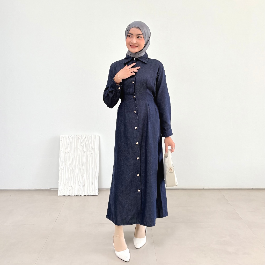 FLOWEAR Jinny Dress Gamis Denim Full Kancing Busui Friendly | Longdress Jeans Slimfit JeanWest