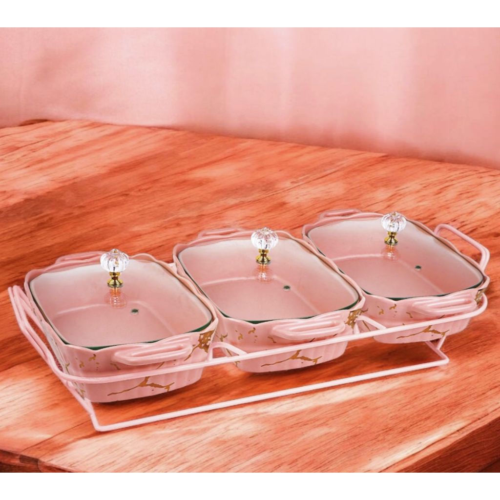 wadah saji Vicenza Bm915 pink marmer, fungsi penghangat makanan dengan tiga wadah makanan, size 900 