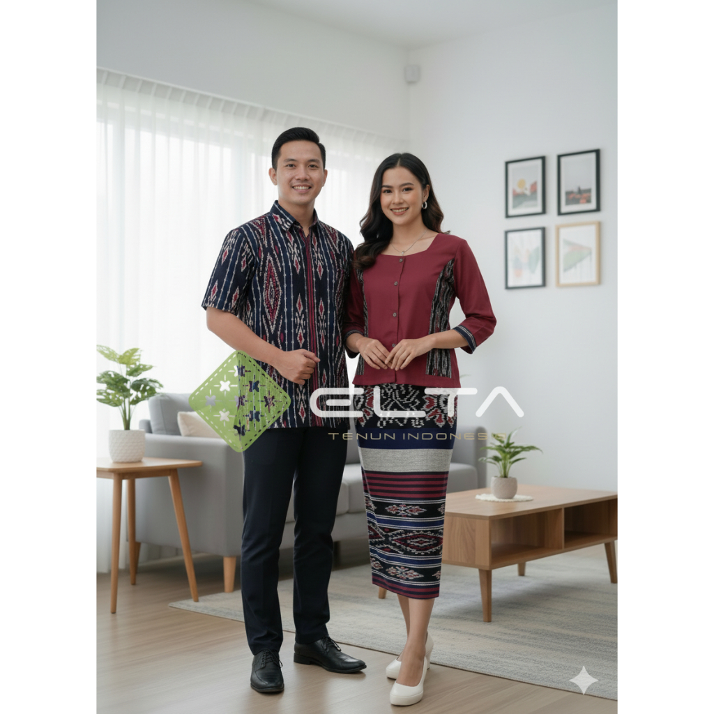 ELTA TENUN Baju Couple Tenun Ikat Pria Wanita Modern | Set Kemeja Pria & Atasan Rok Wanita | Pakaian