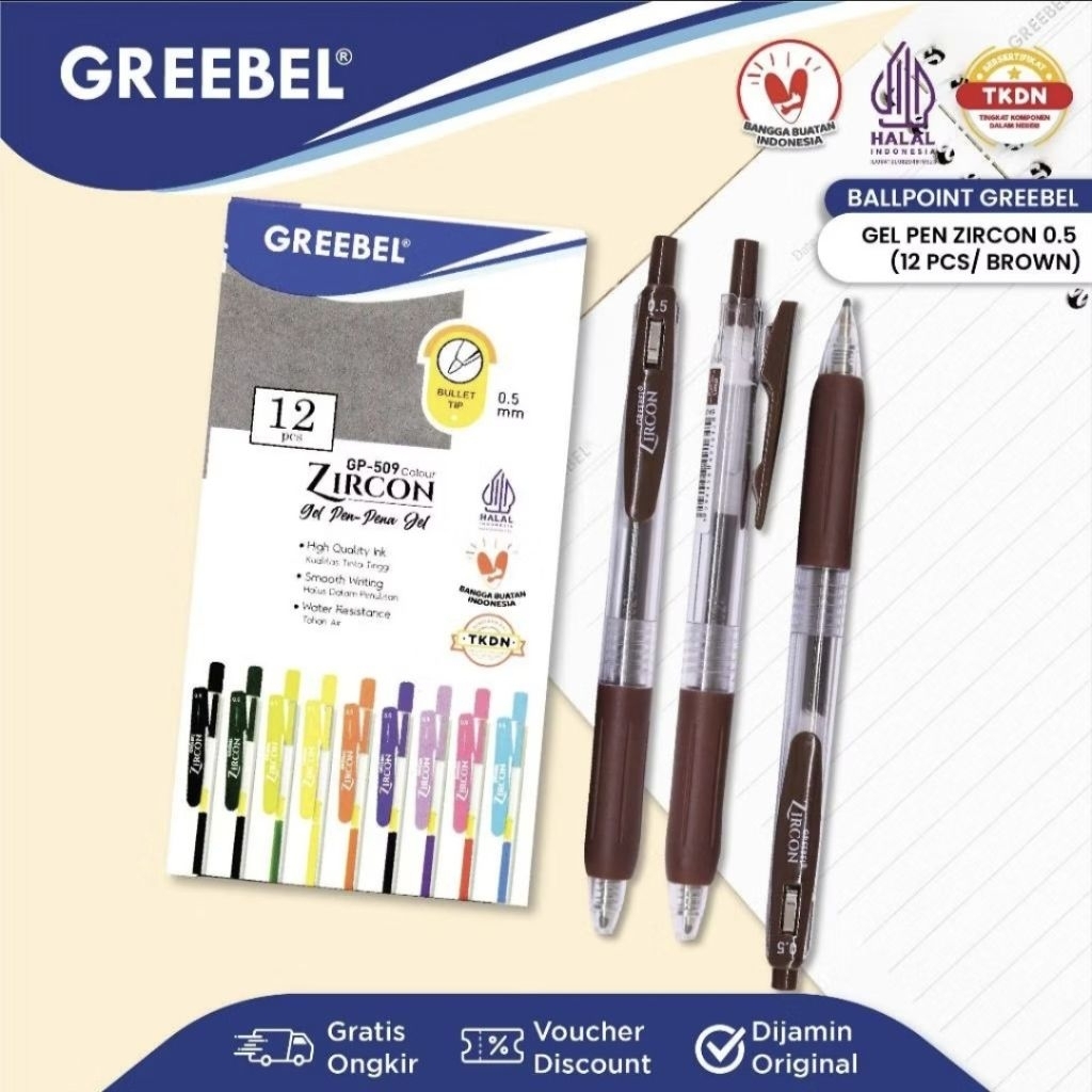 Greebel Pulpen Gel Zircon GP-509 Brown 0.5 mm (1 pack isi 12) / Ballpen Gel Zircon 0.5 mm Coklat / B
