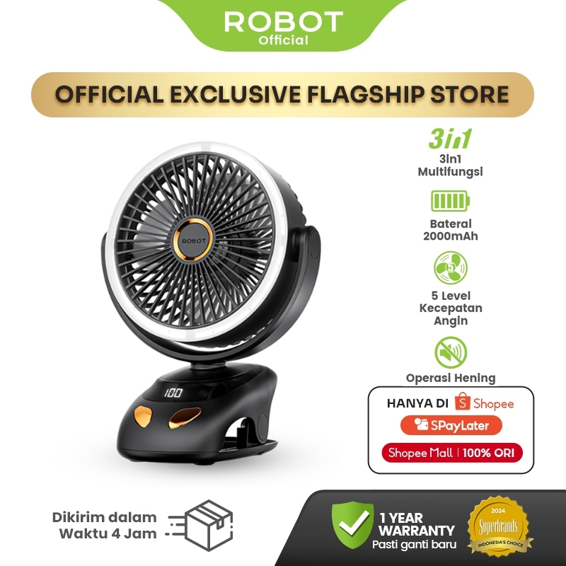 ROBOT Clip Mini Fan 3-in1 Multifungsi 2000mAh With Lamp Adjustable Angle Kipas Angin Jepit RT-BF10 P