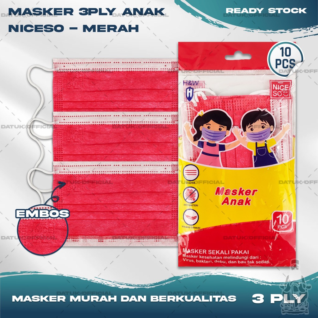 Masker Anak Medis 3Ply NICESO Isi 10Pcs Warna Merah Red 3 Ply Earloop Surgical Mask Kemenkes