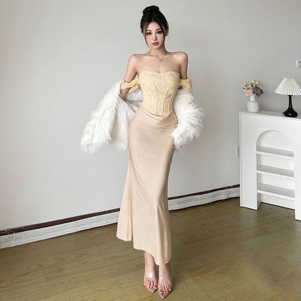 Maxi Bodycon Long Dress Gaun Pesta Wanita Lace Brukat Sabrina Top Gaya Elegan