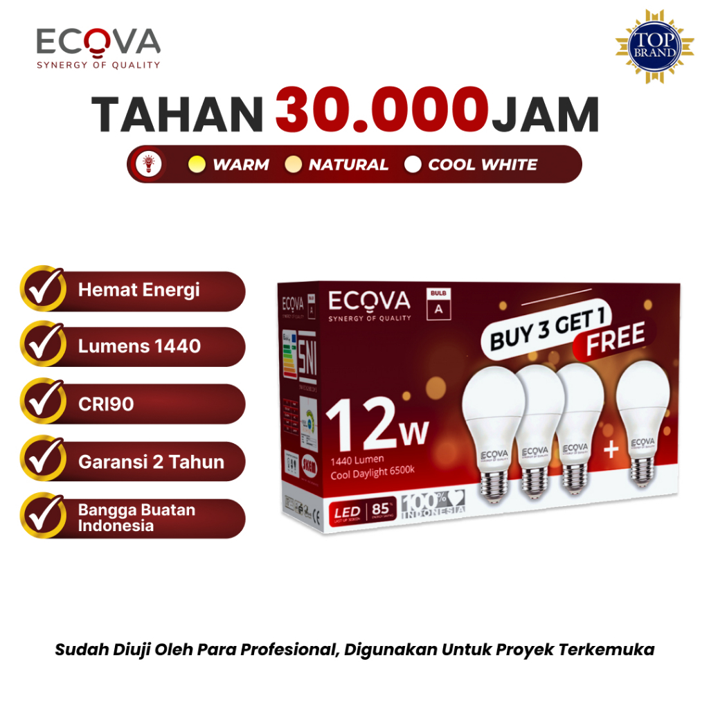 Ecova LED Bulb Family Pack Beli 3 Gratis 1 | Putih Cool DayLight (6500K) | 12W