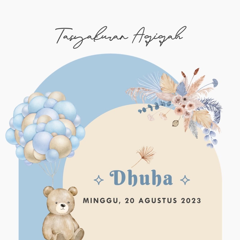 Undangan Video Aqiqah AQ231 Tema Teddy Bear Beruang Balon Udara Rustic Flower Bunga Warna Baby Blue 