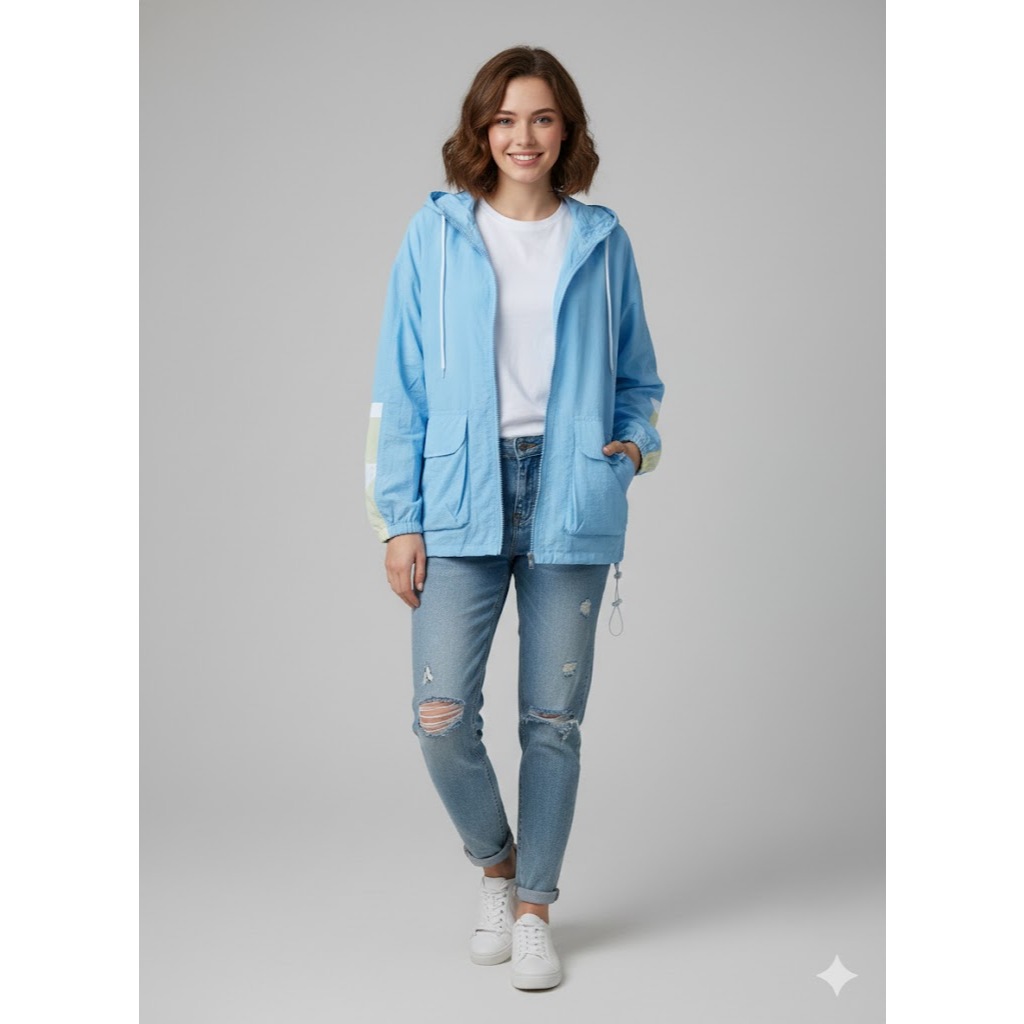 Jaket parasut hoodie biru muda