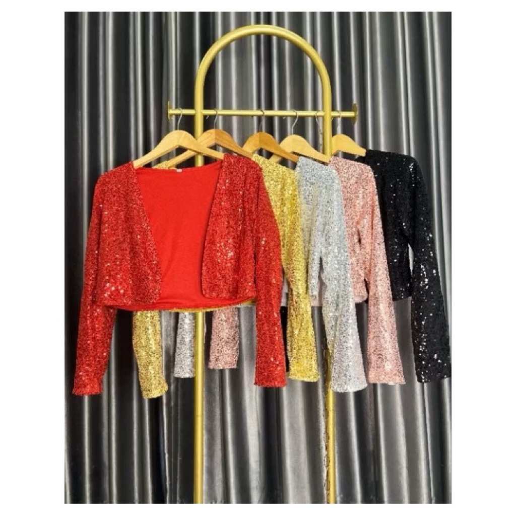Blazer Crop MERAH Lengan Panjang Payet Sequins Pesta Kantor Mewah Outer Crop