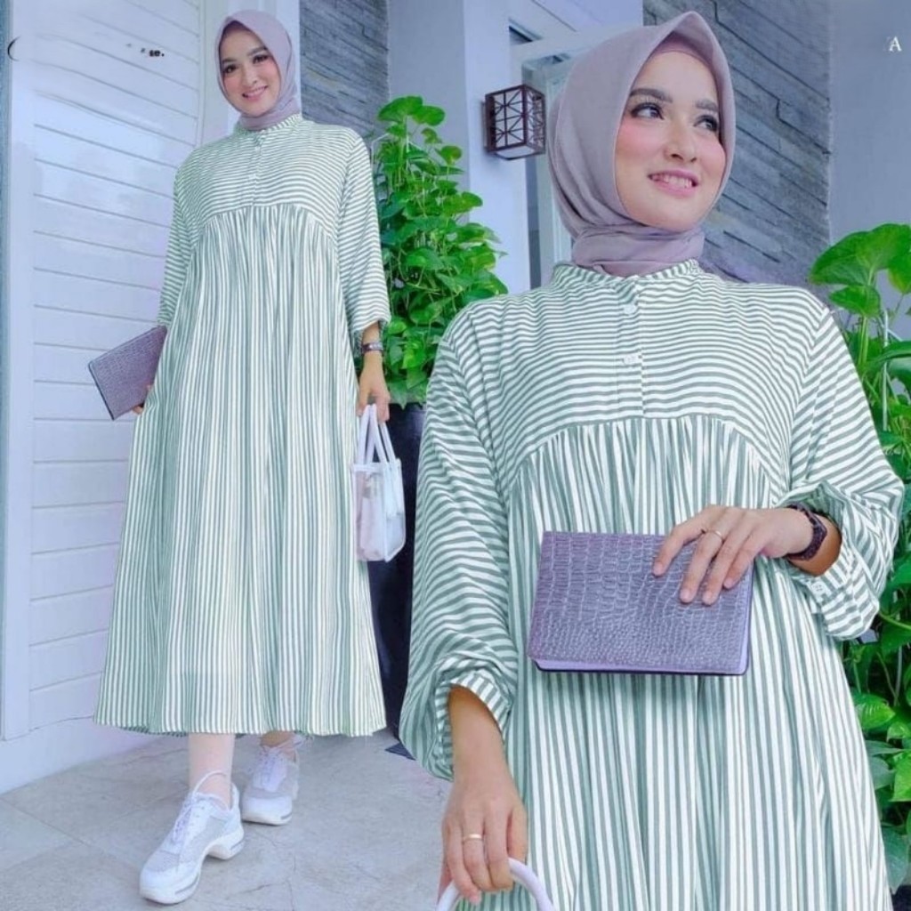 Midi Dress Terbaru 2025 - Midi Gamis Muslim Motif Salur Casual Dress Bahan Polyrayon