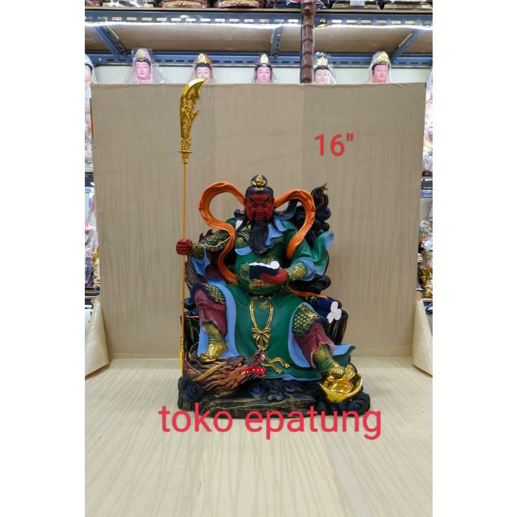 patung dewa kwan kong / kwan kung - duduk - naga - fiber - 16 inch - g25