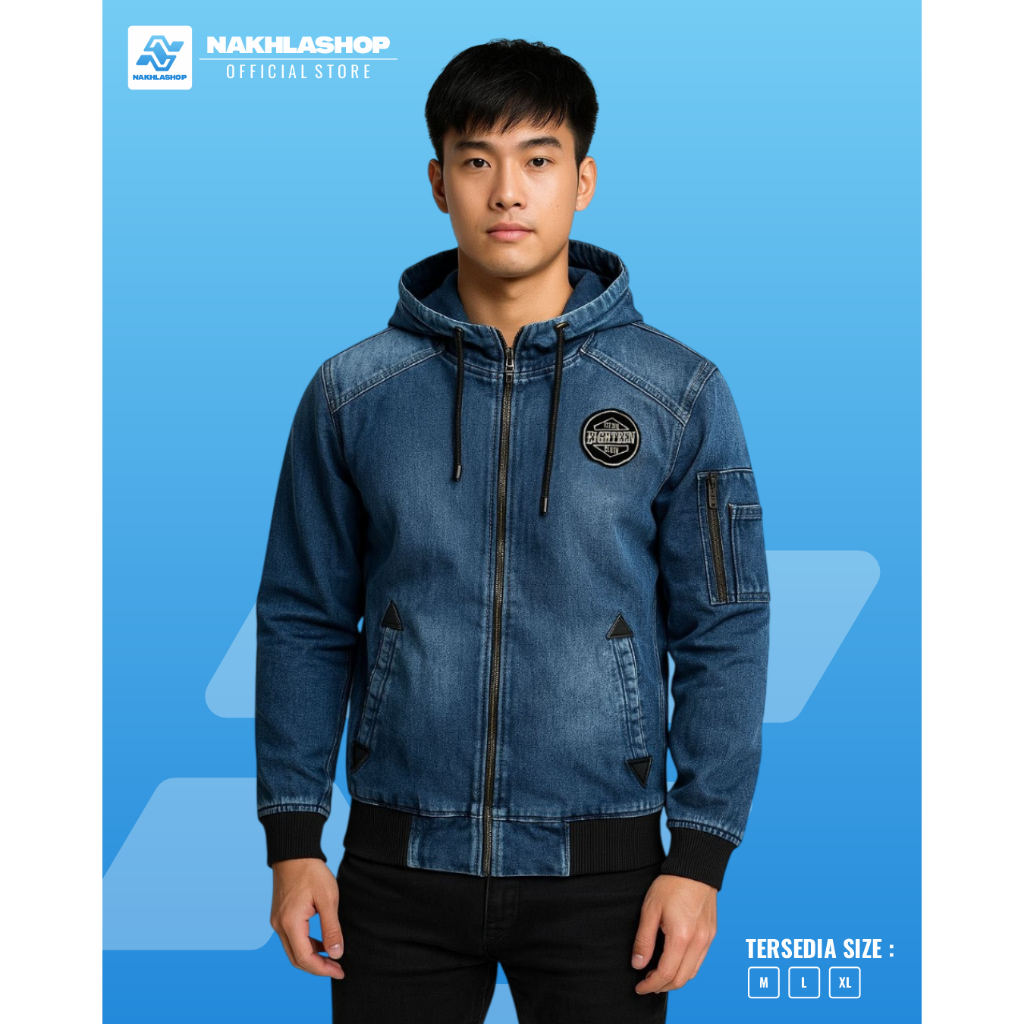 Jaket Jeans Denim Pria Bomber Kombinasi Topi Kupluk Resleting Zipper Casual Terbaru Terlaris