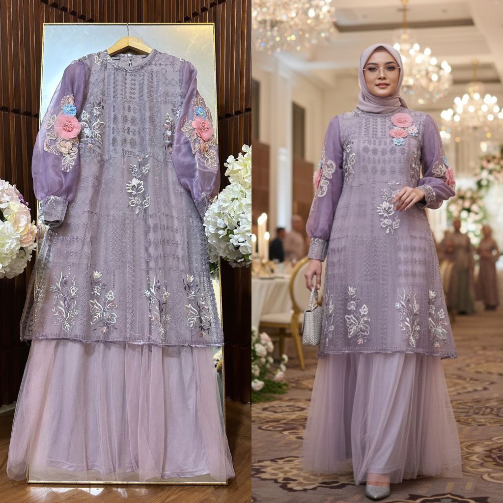 AISYAH BRUKAT BORDIR 3D DRESS GAMIS PESTA PREMIUM MURAH