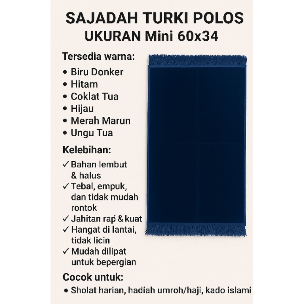 Sajadah Turki Polos Mini 60x34 cm | Tebal Empuk | Sajadah Kecil Travel & Praktis mudah dibawa