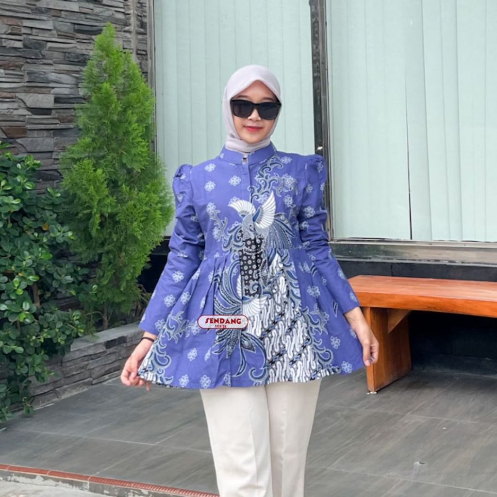 SENDANG FASHION Blouse Batik Wanita Modern Lengan Puff Motif Yustika Purple Blue Lengan Panjang Baha