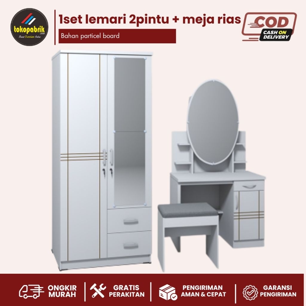 1set lemari + meja rias lemari baju 2pintu 2laci + meja rias sliding minimalis kaca sliding
