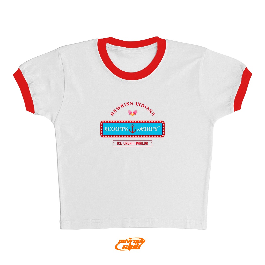 baby tee ringer tee stranger things scoops ahoy v.1 y2k style crop tee