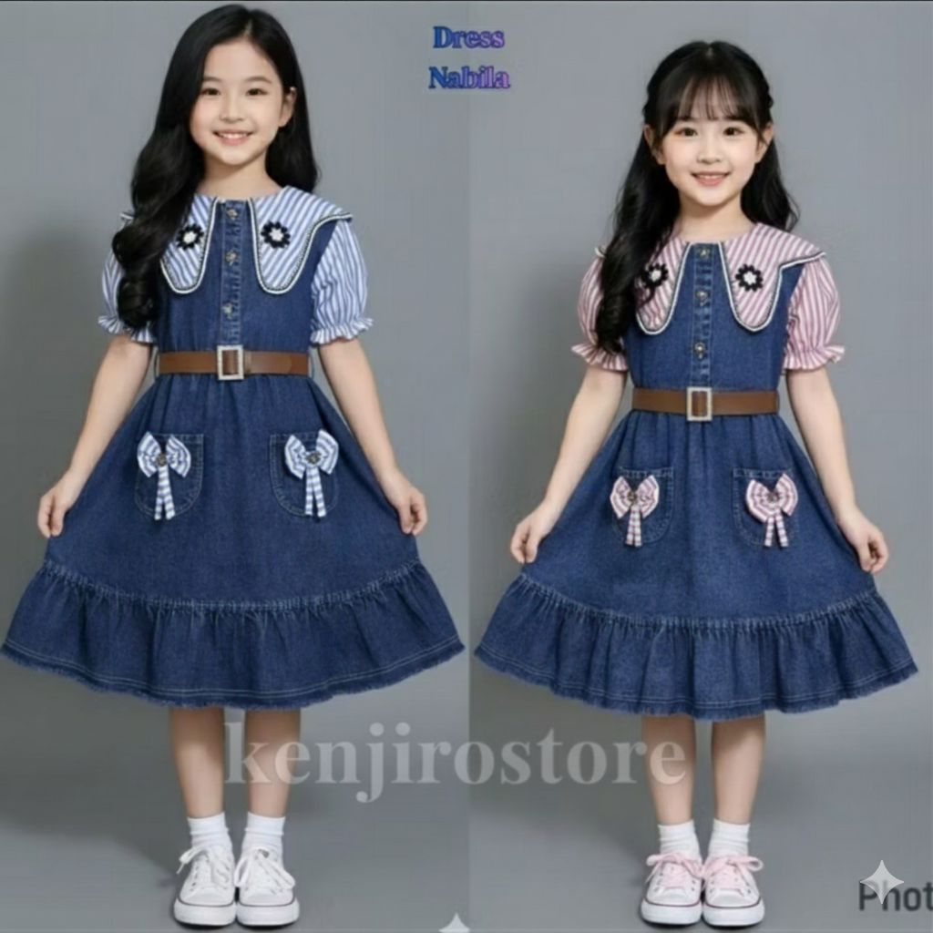  Midi Dress Nabila Jeans Anak Impor - Gamis Denim Korean Style Mewah untuk Lebaran (3-10 Tahun).