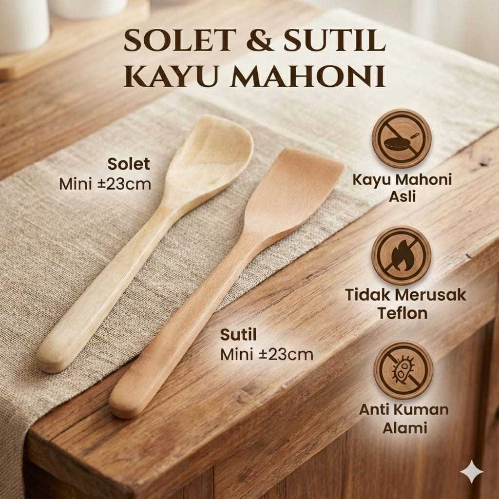 Sutil Kayu Mahoni Mini 23 cm / Solet Kayu Mahoni Mini 23 cm – Aman untuk Teflon, Anti Panas, Anti Ku