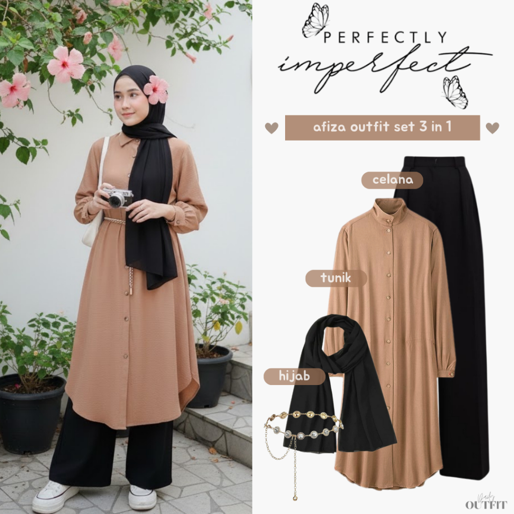 Outfit Wanita Hijab Kekinian ( Tunik + Celana Kulot + Pahmina + Belt ) One set OOTD Afiza