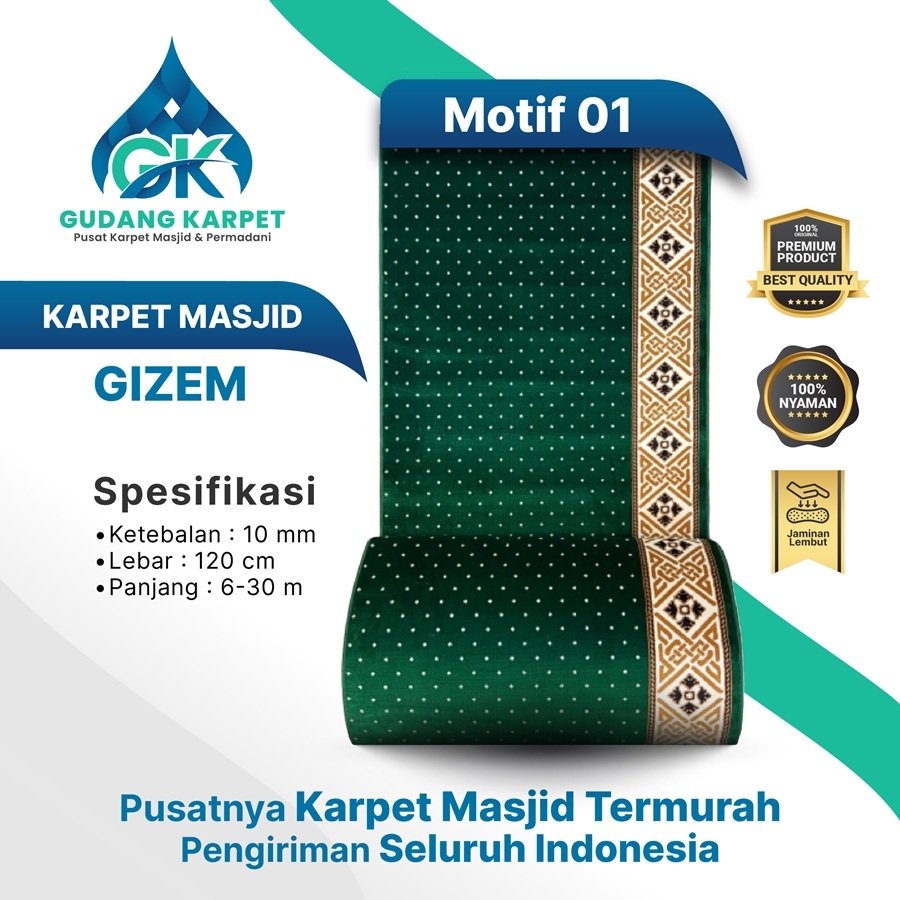 KARPET MASJID GIZEM ketebalan 10-11 mm, Bahan Lembut dan empuk KARPET MASJID METERAN/ROLL
