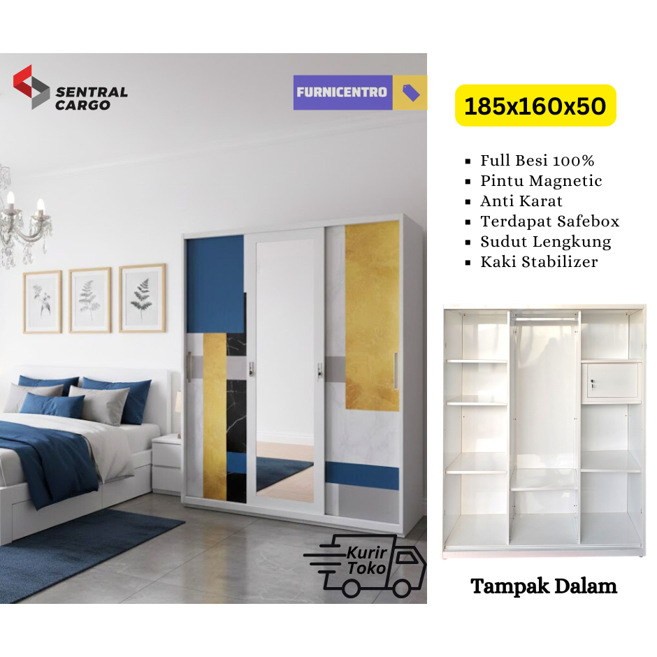 Lemari Pakaian Besi Sliding Geser 3 Pintu Kaca Cermin 185x160x50