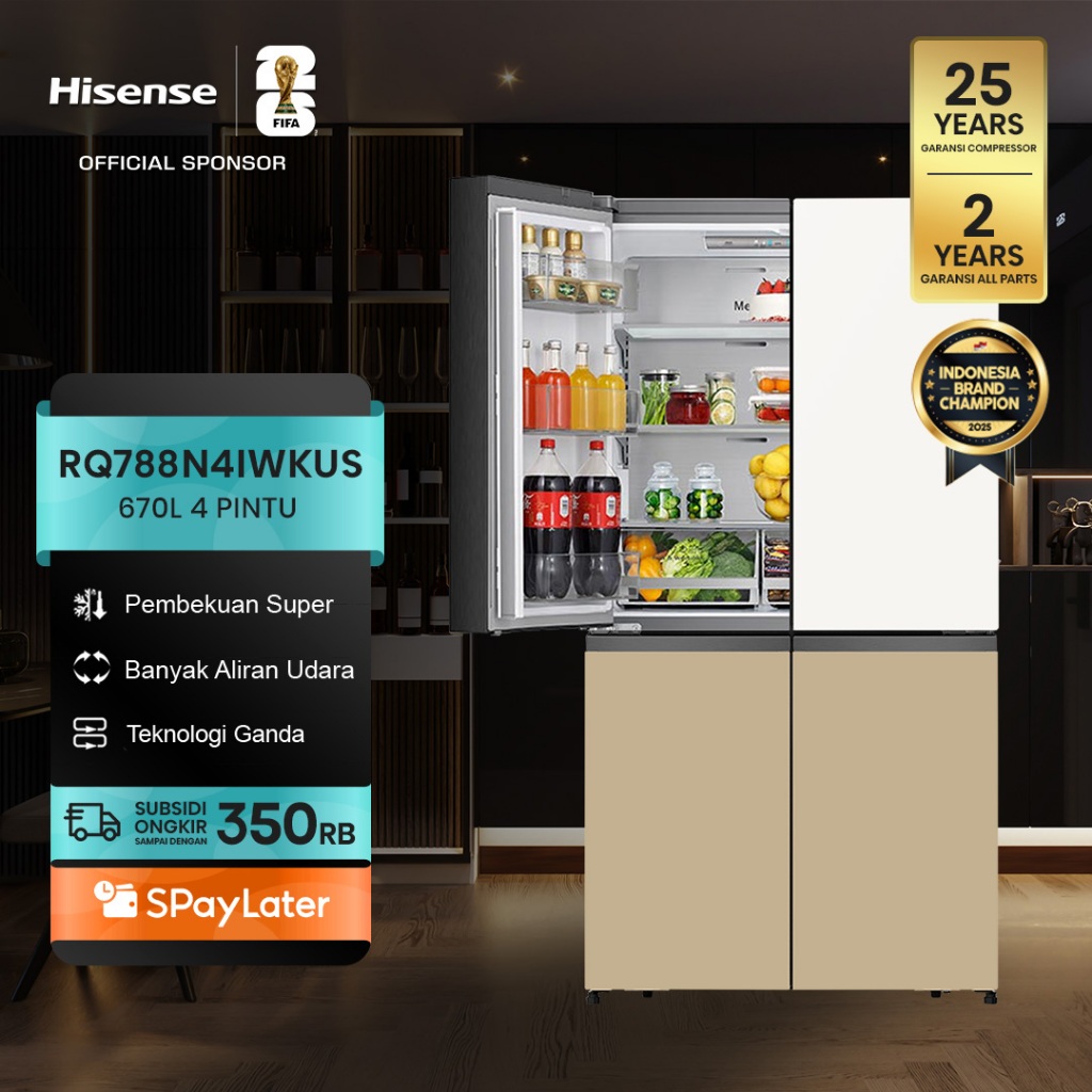 Hisense Kulkas RQ788N4IWKUS Refrigerator 4 Pintu Kapasitas 670L Warna Putih Glass Door Inverter Pro 