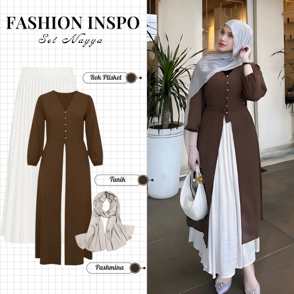 Outfif Set Wanita Kondangan ( Tunik Mahogany + Rok Plisket + Pashmina Satin ) One Set OOTD Lebaran K