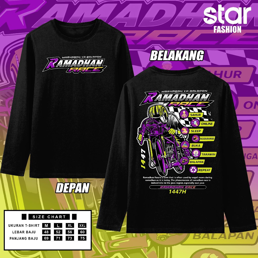 Kaos Lengan Panjang Ramadhan Race 2026 Marhaban Ya Balapan Drag Bike Baju Ramadan Race Repeat Racing