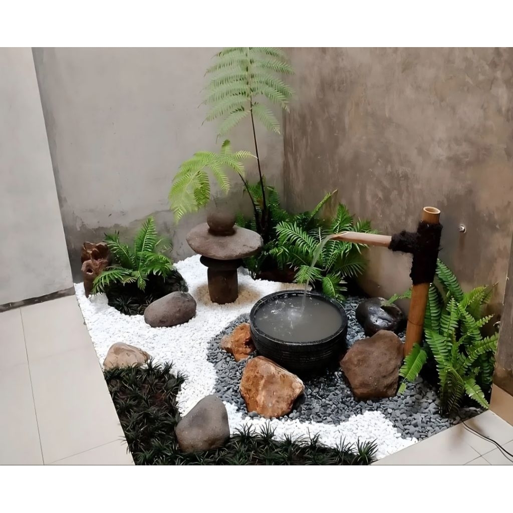 disain/taman kering/air mancur batu alam/batu api/batu itali/tanaman kecil