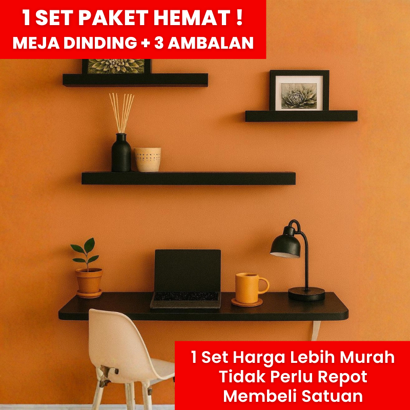 Meja Laptop Lipat Dinding + 1 Set 3 Rak Ambalan Aesthetic Tanpa Bor Jumbo 100x40 80x40 60x40