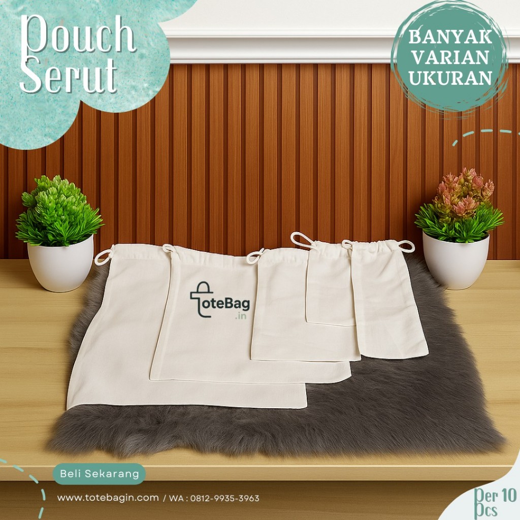 Pouch Serut Blacu Polos Grosir [QC Level 1 Basic] - Min 10 Pcs - Tas Serut Goodie Bag Termurah