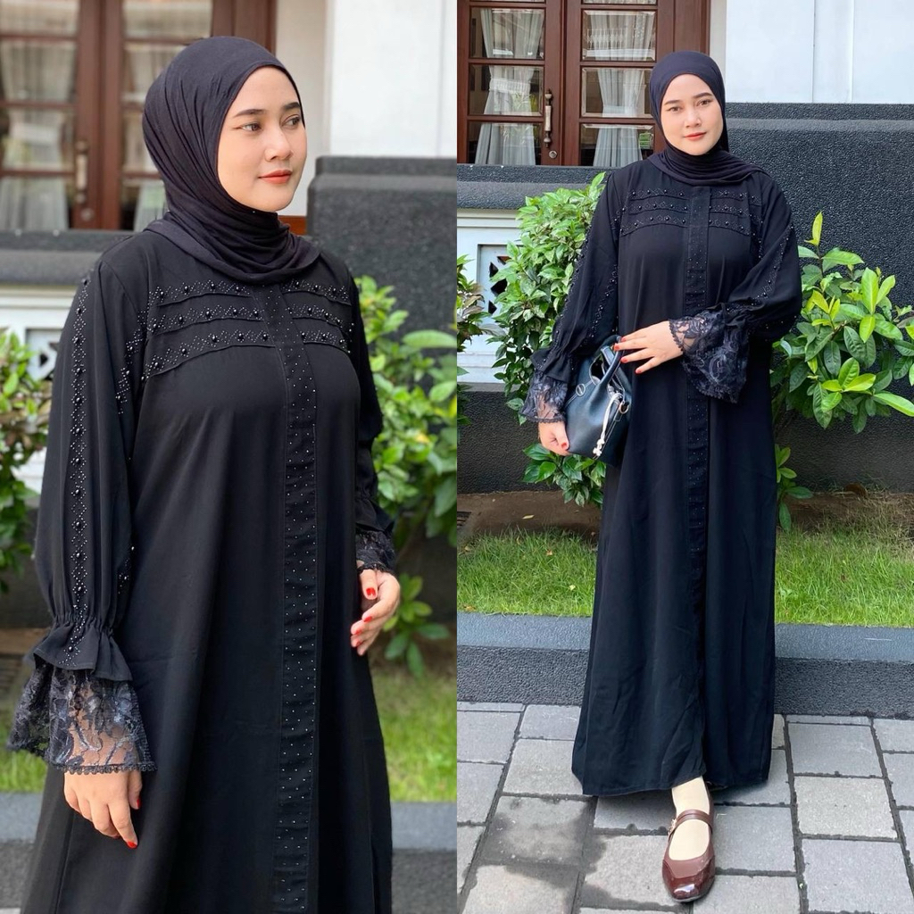 New Abaya gamis hitam kombi tangan renda tile dan Mutiara simple ilegant