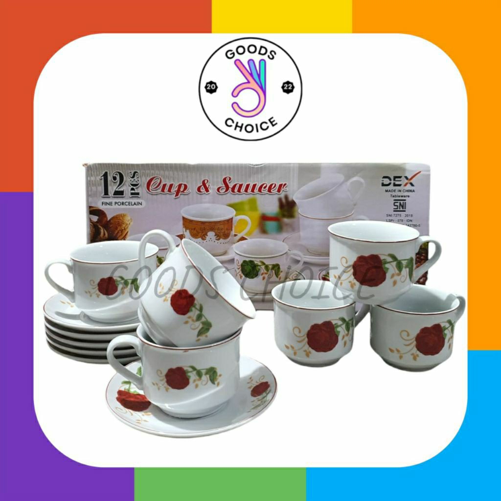 [GC] 12pcs Cangkir Piring Set Keramik / Gelas Cafe Putih Polos,lis silver,mawar / 6pcs Gelas 6pcs Ta