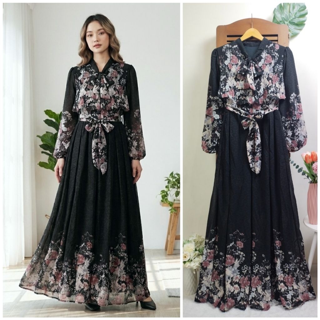 Gamis Korean Dress ala Hanbok Plisket Dada Lipit Rok Ceruty Elegam Premium motif bunga besar kecil t