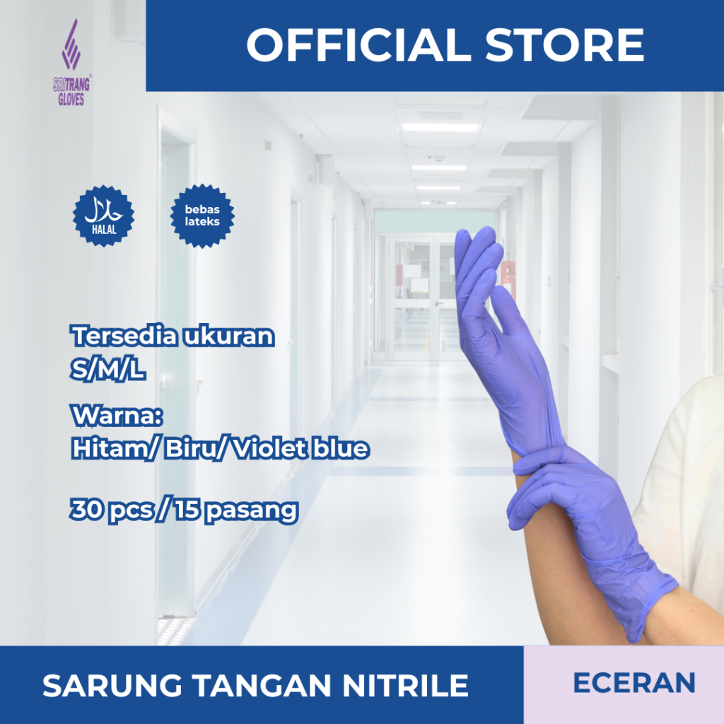 Sri Trang Sarung Tangan Karet Nitril Bebas Lateks 30 pcs Halal Free Powder