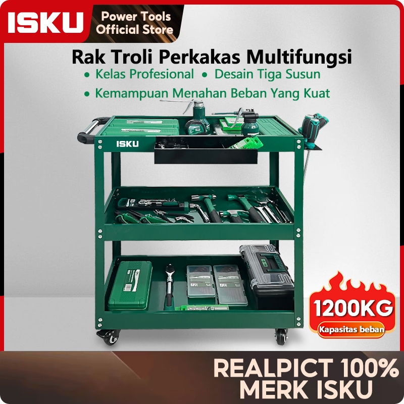 ISKU Trolley Alat Bengkel 3 Susun Heavy Duty Rak Dorong Tempat Perkakas Kunci Besi Baja Tebal Super 