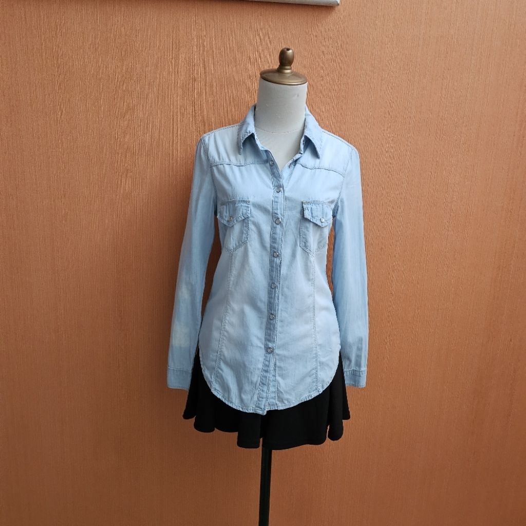 atasan kemeja wanita biru muda pastel MH-3 JEANS cewek M lengan panjang kerja kuliah