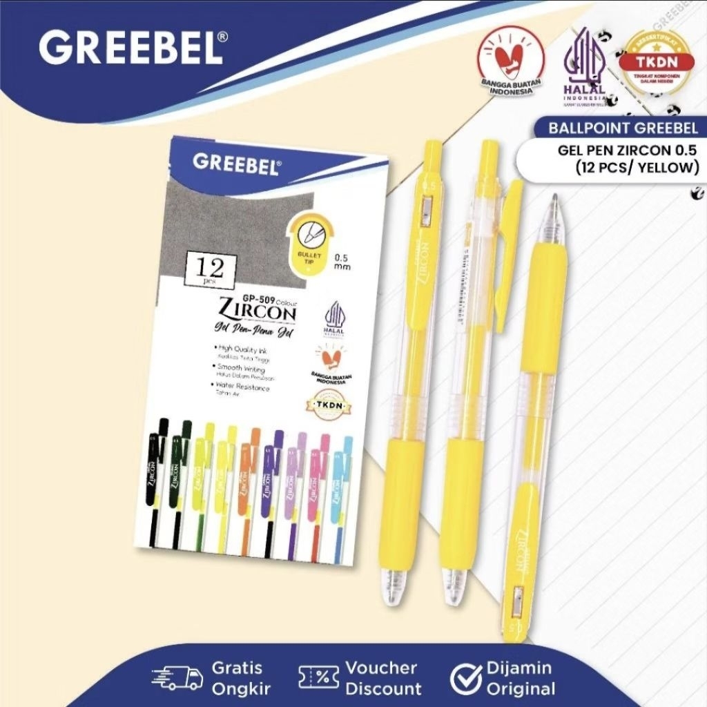 Greebel Pulpen Gel Zircon GP-509 Yellow 0.5 mm (1 pack isi 12) / Ballpen Gel Zircon 0.5 mm Kuning / 