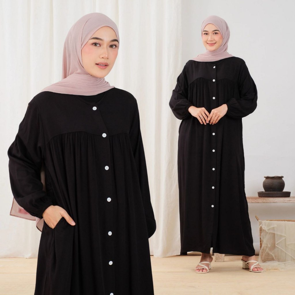 Gamis Rayon Twill  Polos kancing Depan Wanita Muslimah Busui